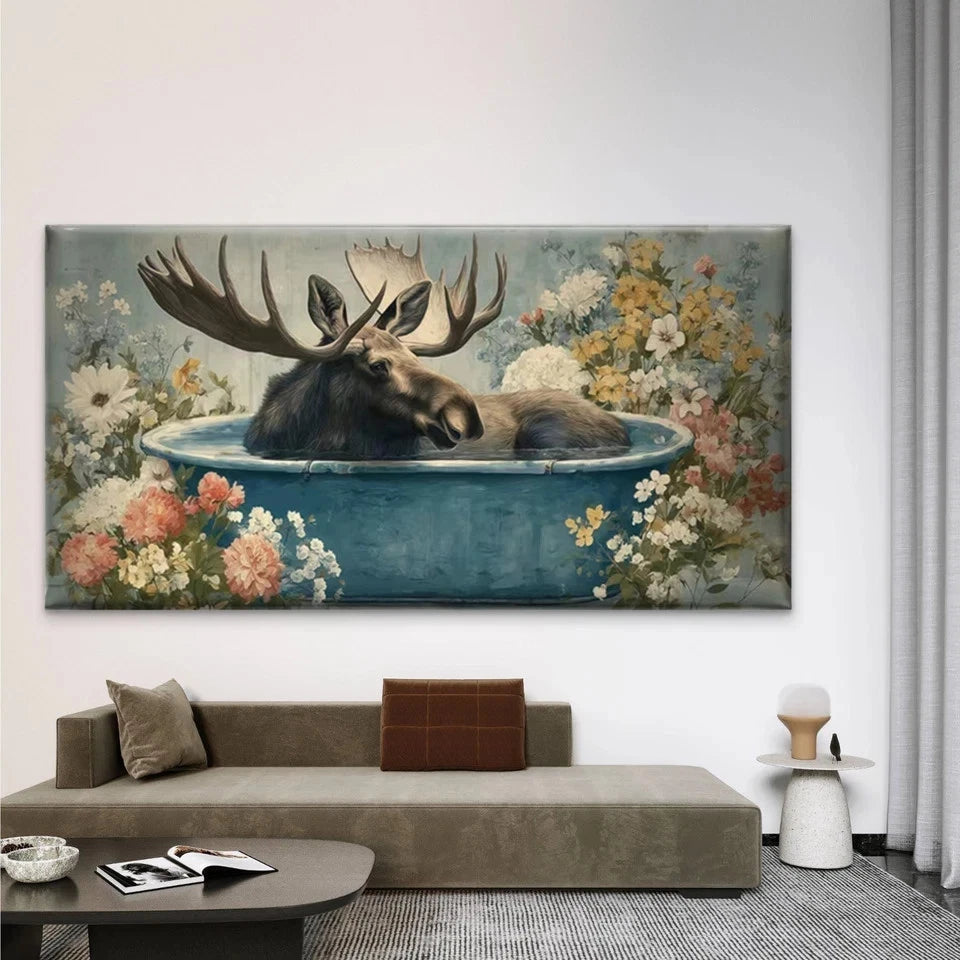 Moose in Bathtub with Flowers Wall Art Canvas Office Home Room Framed 120x60cm