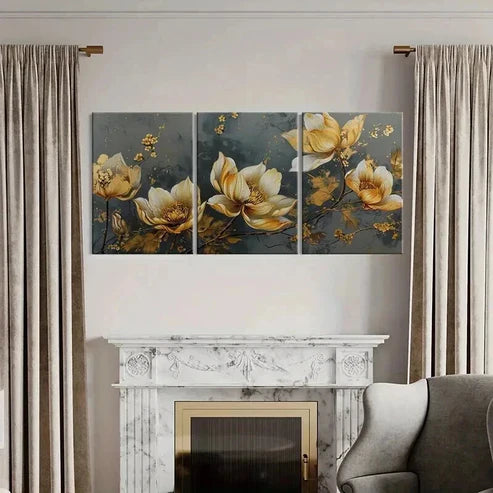 3pcs Elegant Golden Floral Decoration Wall Art Canvas Unframed - High Quality Print 100% Australian Made Wall Canvas