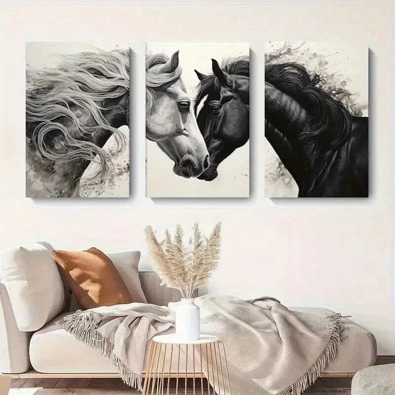 3pcs Black And White Horse Elegant Décor Perfect Wall Art Set Canvas Framed 50x70cm - High Quality Print 100% Australian Made Wall Canvas Ready to Hang - Bella Home Decor