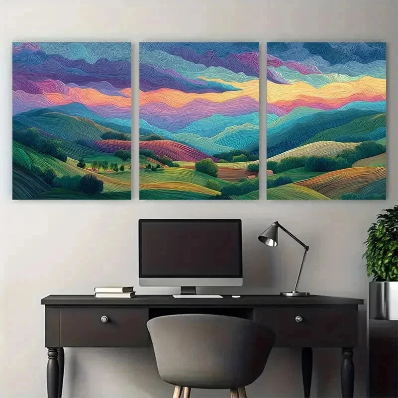 3pcs Colorful Hills Fields And Villages Perfect Wall Art Set Canvas Framed 50x70cm - High Quality Print 100% Australian Made Wall Canvas Ready to Hang - Bella Home Decor