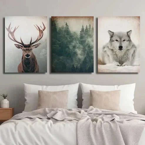 3pcs Vintage Forest and Animals Deer and Wolf Wall Art Set Canvas Unframed - High Quality Print 100% Australian Made Wall Canvas