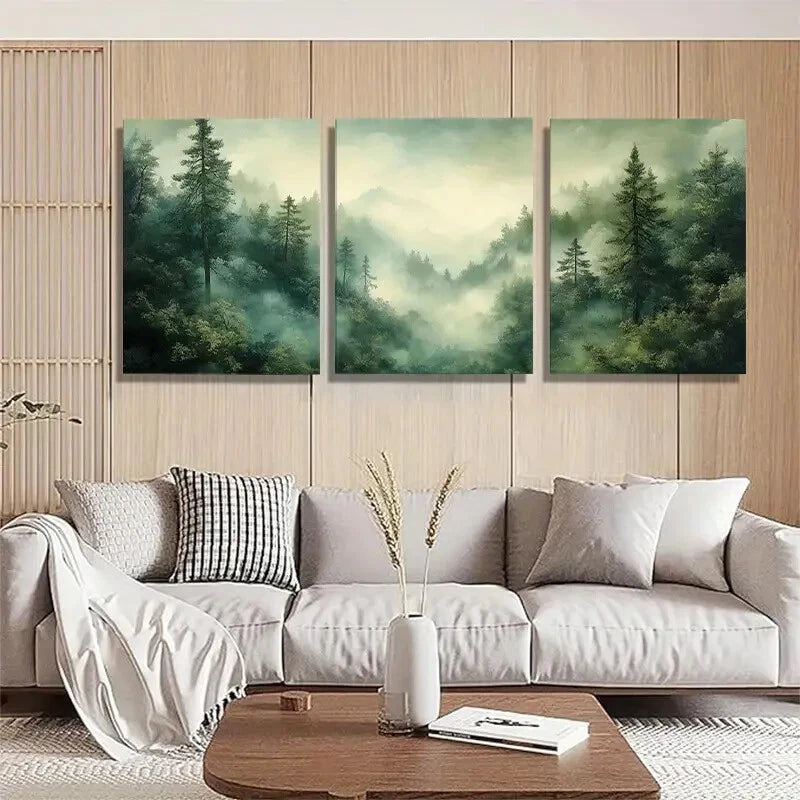 3pcs Misty Green Forest Lush Greenery Perfect Wall Art Set Canvas Framed 60x90cm - High Quality Print 100% Australian Made Wall Canvas Ready to Hang