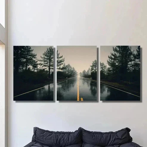 3pcs Vertical Slippery Rainy Highway Wall Art Set Canvas Unframed - High Quality Print 100% Australian Made Wall Canvas