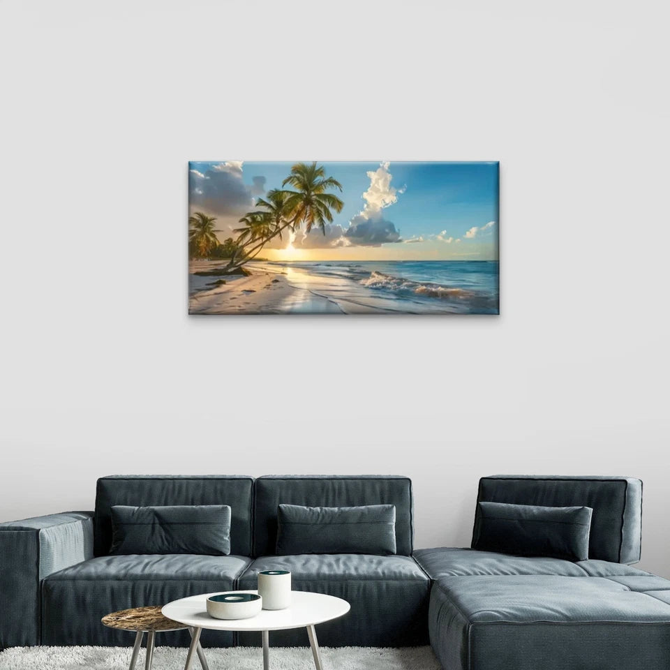 Beach Scene Palm Trees Sun Wall Art Canvas Office Home Room Framed 120x60cm