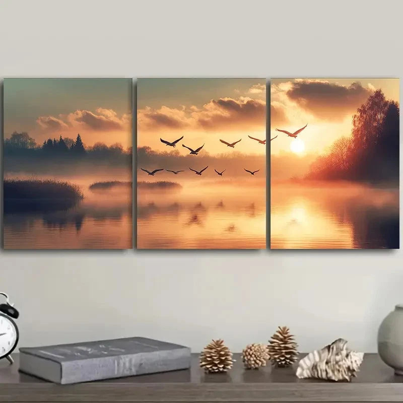 3pcs Birds Flying Over a Lake at Sunset Wall Art Set Canvas Framed 40x60cm - High Quality Print 100% Australian Made Wall Canvas Ready to Hang - Bella Home Decor