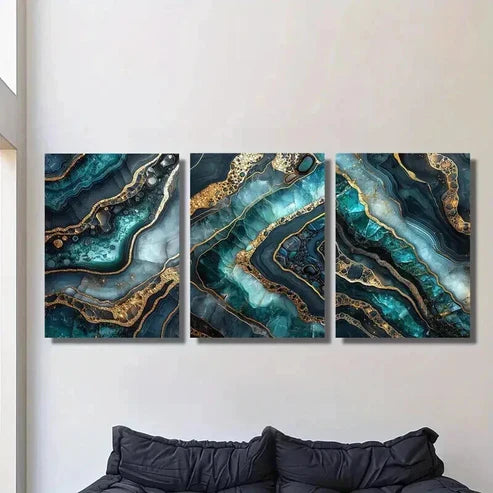 3pcs Green Gold Marble Texture Mural Wall Art Canvas Unframed - High Quality Print 100% Australian Made Wall Canvas