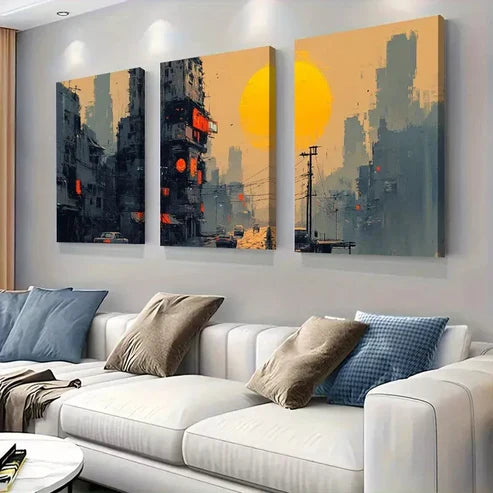 3pcs Urban Dystopian Sunset Cyberpunk Cityscape Wall Art Canvas Unframed - High Quality Print 100% Australian Made Wall Canvas