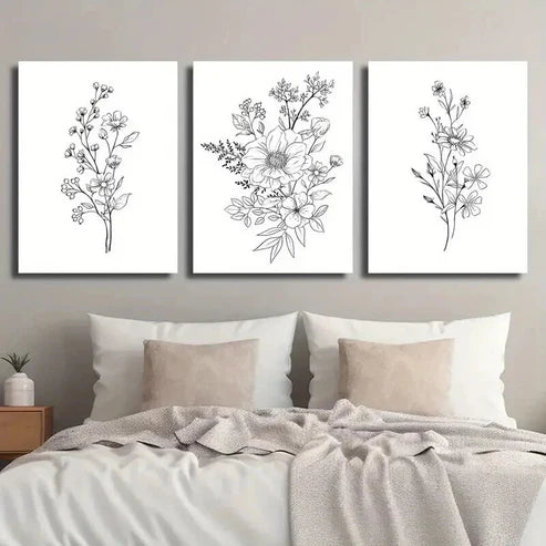 3pcs Black and White Botanical Floral Theme Wall Art Set Canvas Unframed - High Quality Print 100% Australian Made Wall Canvas - Bella Home Decor