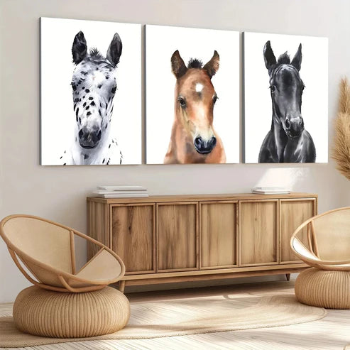 3pcs Chic Horse Modern Animal White Brown Black Wall Art Set Canvas Unframed - High Quality Print 100% Australian Made Wall Canvas - Bella Home Decor