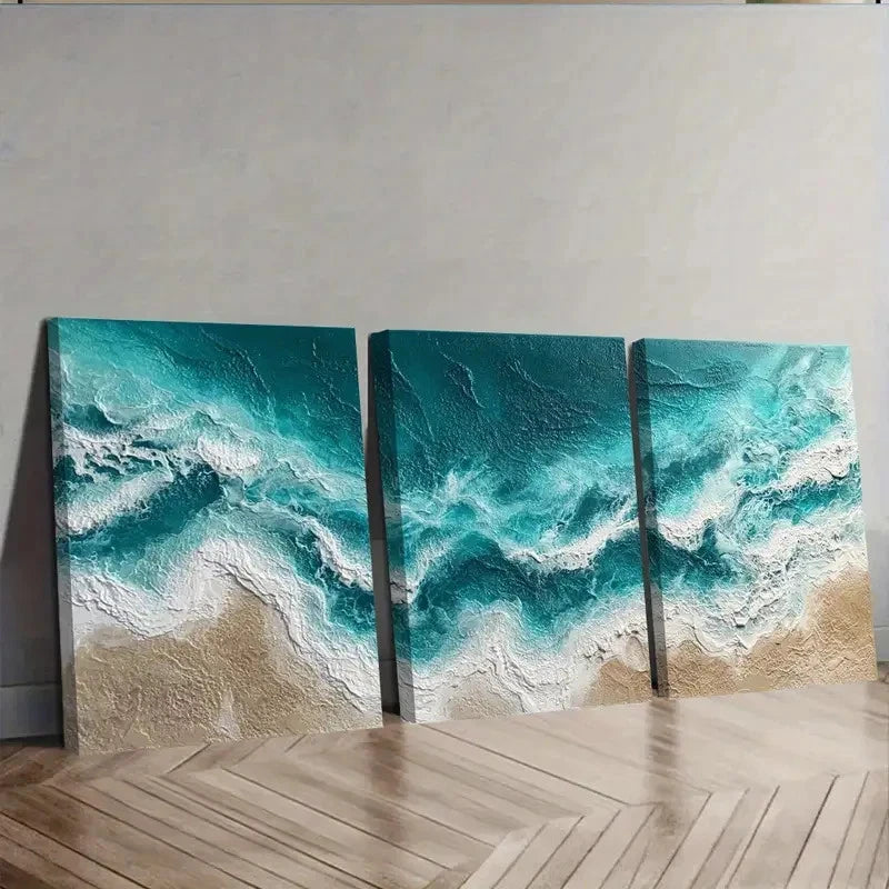 3pcs Ocean Waves Rendered In Hyper Wall Art Set Canvas Framed 50x70cm - High Quality Print 100% Australian Made Wall Canvas Ready to Hang