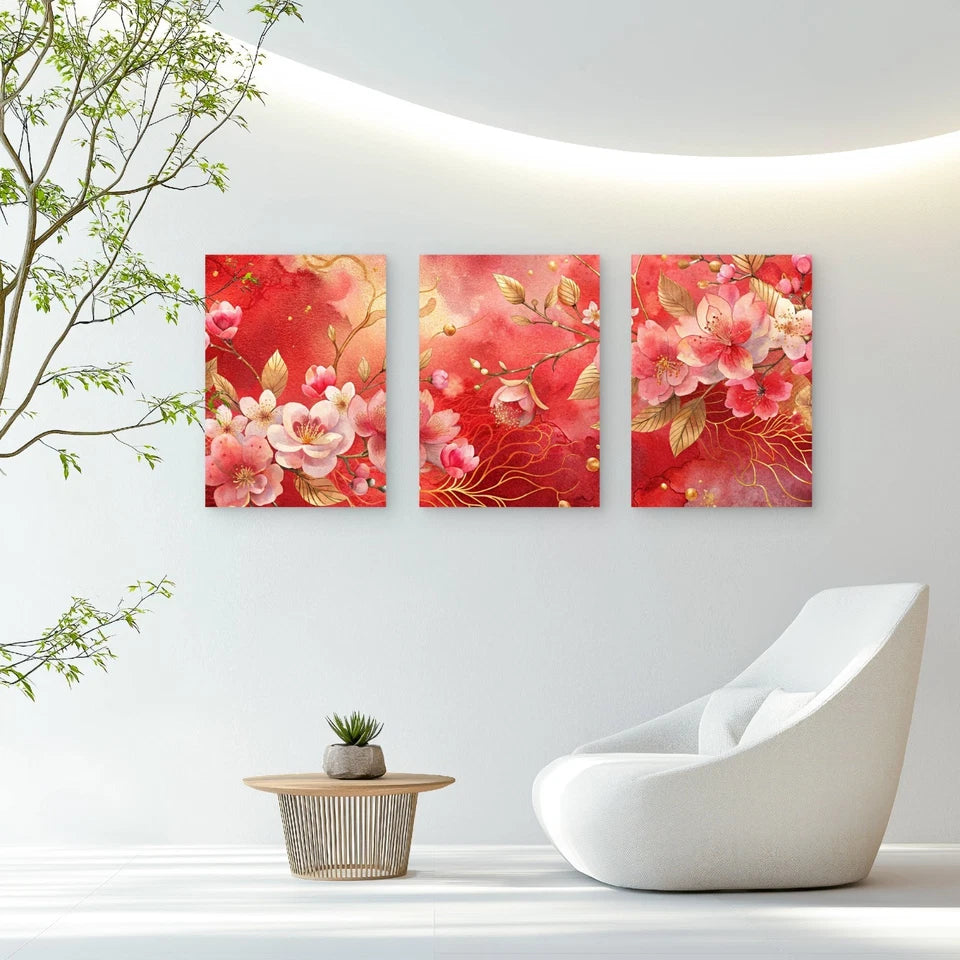3pcs Golden Vines Among Soft Pink Blooms Wall Art Set Canvas Framed 40x60cm - High Quality Print 100% Australian Made Wall Canvas Ready to Hang - Bella Home Decor