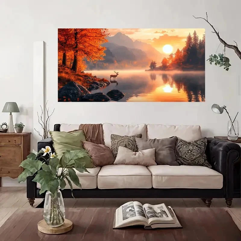Autumn Lake Sunset Scene Wall Art Canvas Office Home Room Framed 120x60cm