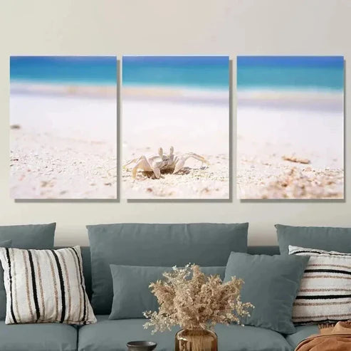 3pcs Beach Scene Ocean Crab & Seashells Wall Art Set Canvas Unframed - High Quality Print 100% Australian Made Wall Canvas - Bella Home Decor
