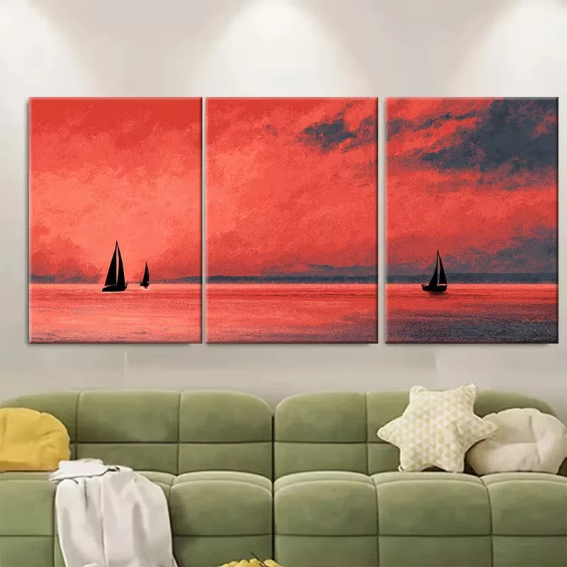 3pcs Dramatic Crimson Bay at Dusk with Sailboats Metal Print Ready to Hang Art