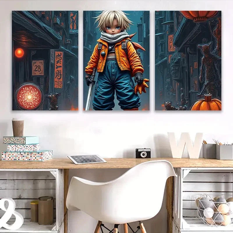 3pcs Boy in the Orange Coat Wall Art Set Canvas Framed 50x70cm - High Quality Print 100% Australian Made Wall Canvas Ready to Hang - Bella Home Decor