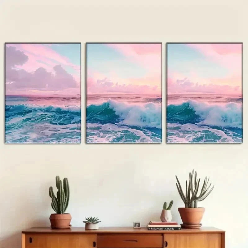 3pcs Ocean Wave Pink Sky Sea Landscape Perfect Wall Art Set Canvas Framed 50x70cm - High Quality Print 100% Australian Made Wall Canvas Ready to Hang - Bella Home Decor