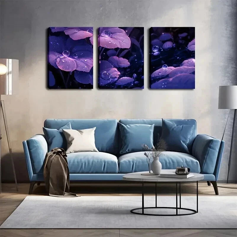 3pcs Purple Leaves Dotted Water Drop Perfect Wall Art Set Canvas Framed 50x70cm - High Quality Print 100% Australian Made Wall Canvas Ready to Hang - Bella Home Decor