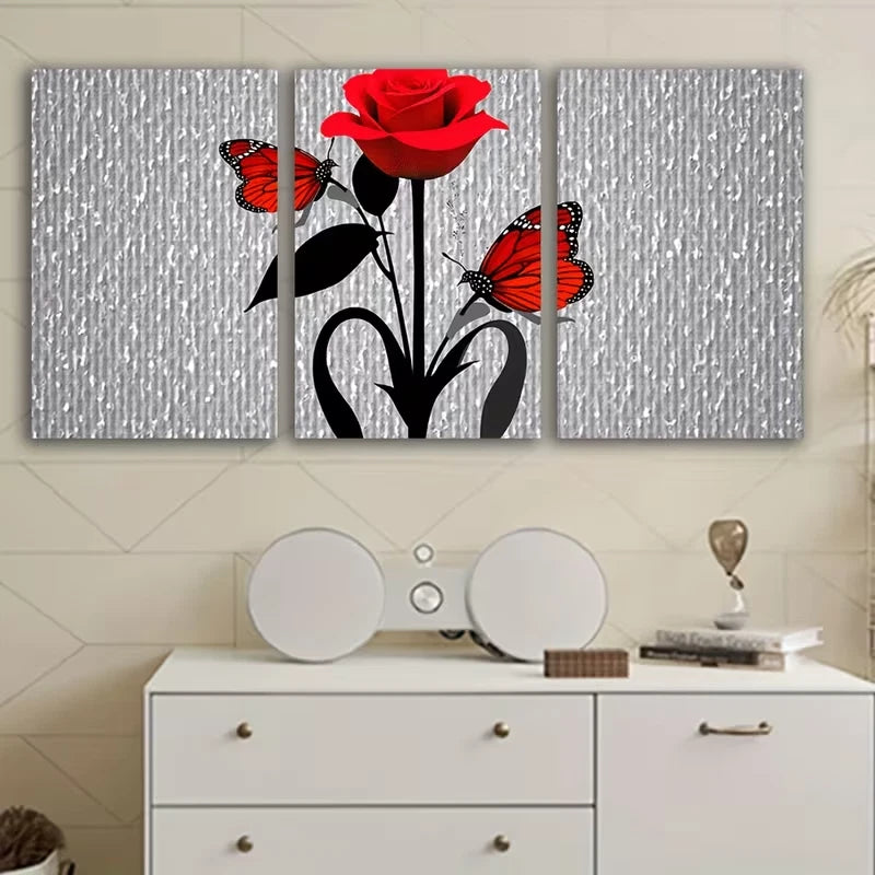 3pcs Red Roses with Butterflies Wall Art Set Canvas Framed 60x90cm – High Quality Print 100% Australian Made Wall Canvas Ready to Hang