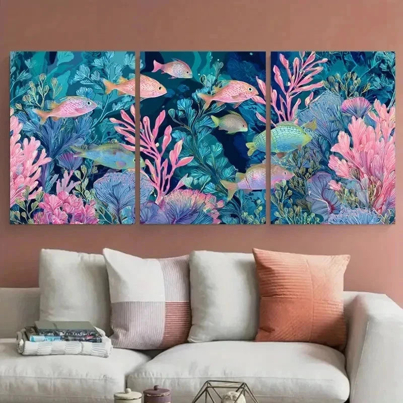 3pcs Vibrant Underwater Scene Fish Perfect Wall Art Set Canvas Framed 40x60cm - High Quality Print 100% Australian Made Wall Canvas Ready to Hang