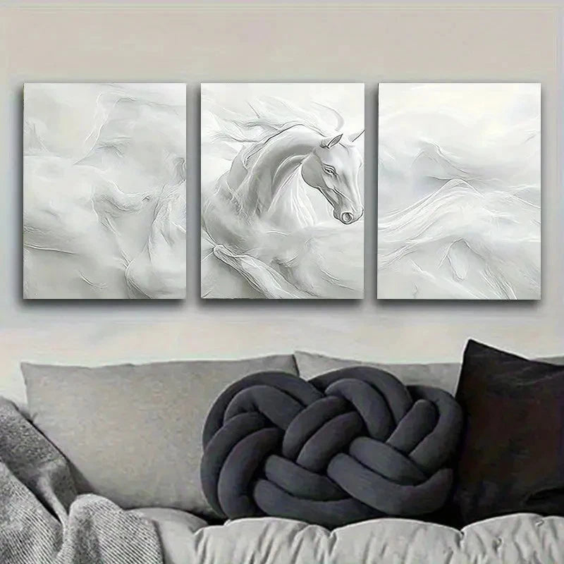 3pcs Elegant White Horse Illustration Wall Art Set Canvas Framed 40x60cm - High Quality Print 100% Australian Made Wall Canvas Ready to Hang - Bella Home Decor