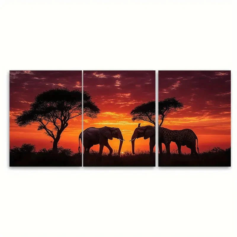 3pcs African sunset Elephant RO Wall Art Set Canvas Framed 50x70cm - High Quality Print 100% Australian Made Wall Canvas Ready to Hang - Bella Home Decor