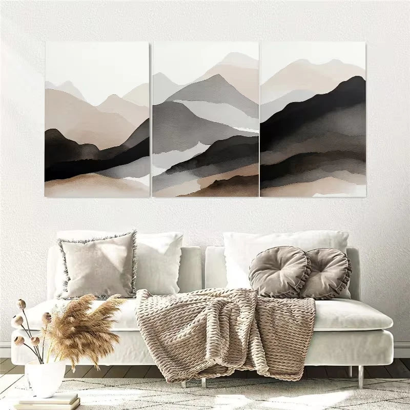 3pcs Mountain Landscape Watercolor Beige Black Wall Art Set Canvas Framed 40x60cm - High Quality Print 100% Australian Made Wall Canvas Ready to Hang