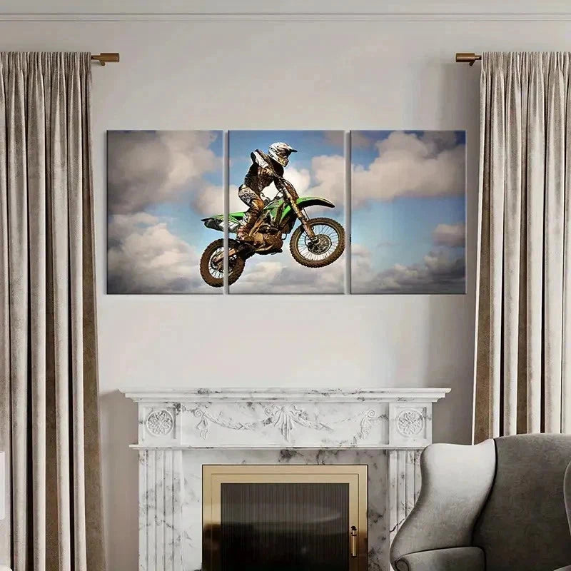 3pcs Motocross Racing Dirt Bike Rider in Action Wall Art Set Canvas Framed 40x60cm - High Quality Print 100% Australian Made Wall Canvas Ready to Hang