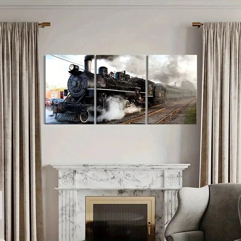3pcs Retro Vintage Steam Train Vehicle Wall Art Set Canvas Framed 50x70cm - High Quality Print 100% Australian Made Wall Canvas Ready to Hang - Bella Home Decor