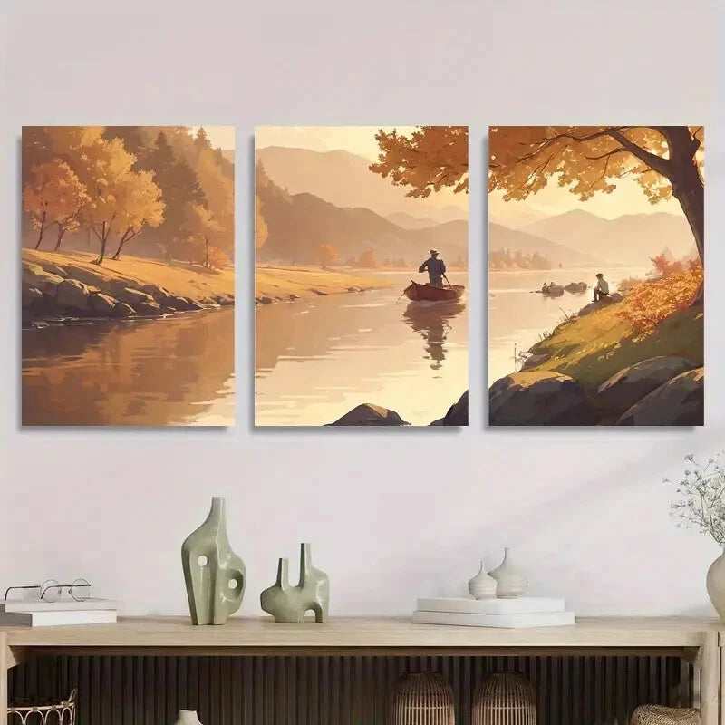 3pcs Tranquil Autumn River with Fishermen Metal Print Ready to Hang Art