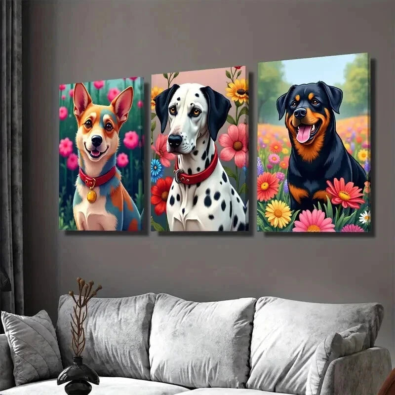3pcs Vibrant Dog Colorful Pet Paintings Floral Wall Art Set Canvas Framed 50x70cm - High Quality Print 100% Australian Made Wall Canvas Ready to Hang