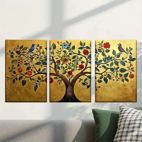 3pcs Tree with Birds and Colorful Flowers Wall Art Canvas Unframed - High Quality Print 100% Australian Made Wall Canvas