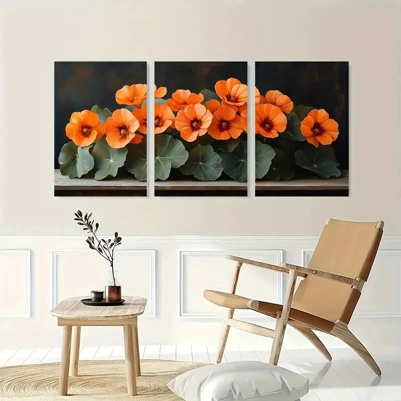 3pcs Nasturtium Flowers Dark Nature Perfect Wall Art Set Canvas Framed 50x70cm - High Quality Print 100% Australian Made Wall Canvas Ready to Hang