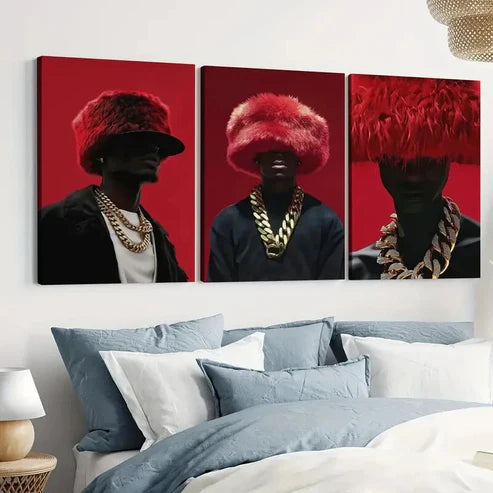 3pcs Black Man Art Luxury Red and Black Fashion Gold Wall Art Set Canvas Unframed - High Quality Print 100% Australian Made Wall Canvas - Bella Home Decor