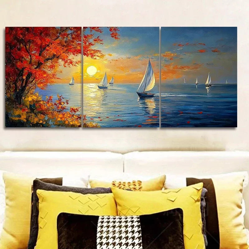 3pcs Serene Sailboat Sunset Scene Vibrant Autumn Wall Art Set Canvas Framed 50x70cm - High Quality Print 100% Australian Made Wall Canvas Ready to Hang