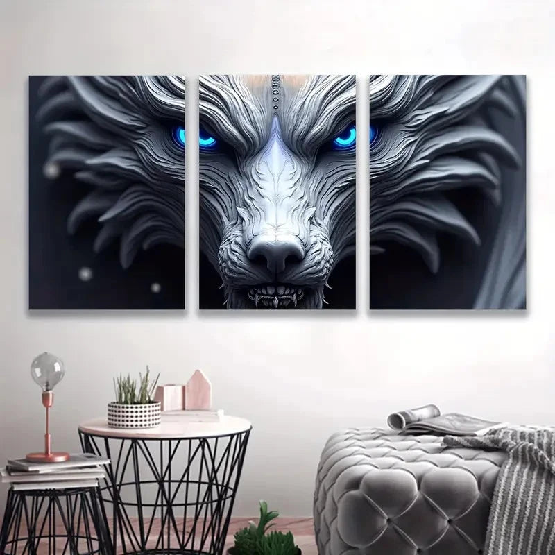 3pcs White Wolf with Blue Eyes, Spray-Painted Wall Art Set Canvas Framed 40x60cm - High Quality Print 100% Australian Made Wall Canvas Ready to Hang