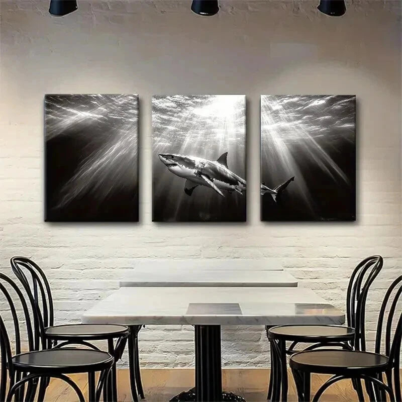 3pcs Monochrome Great White Shark Perfect Wall Art Set Canvas Framed 60x90cm - High Quality Print 100% Australian Made Wall Canvas Ready to Hang