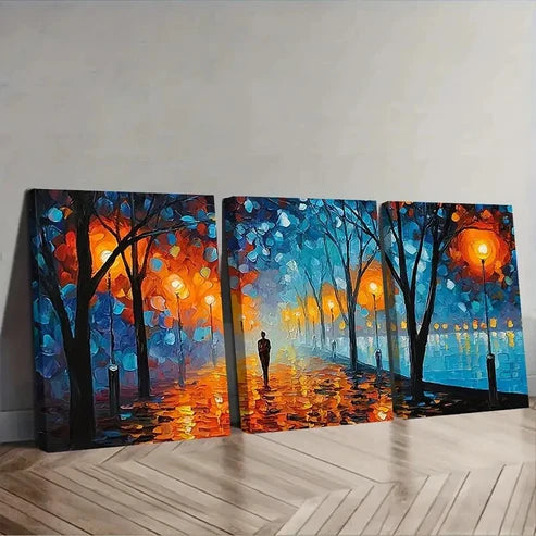 3pcs Orange Street Lamps Urban Night Wall Art Set Canvas Unframed - High Quality Print 100% Australian Made Wall Canvas