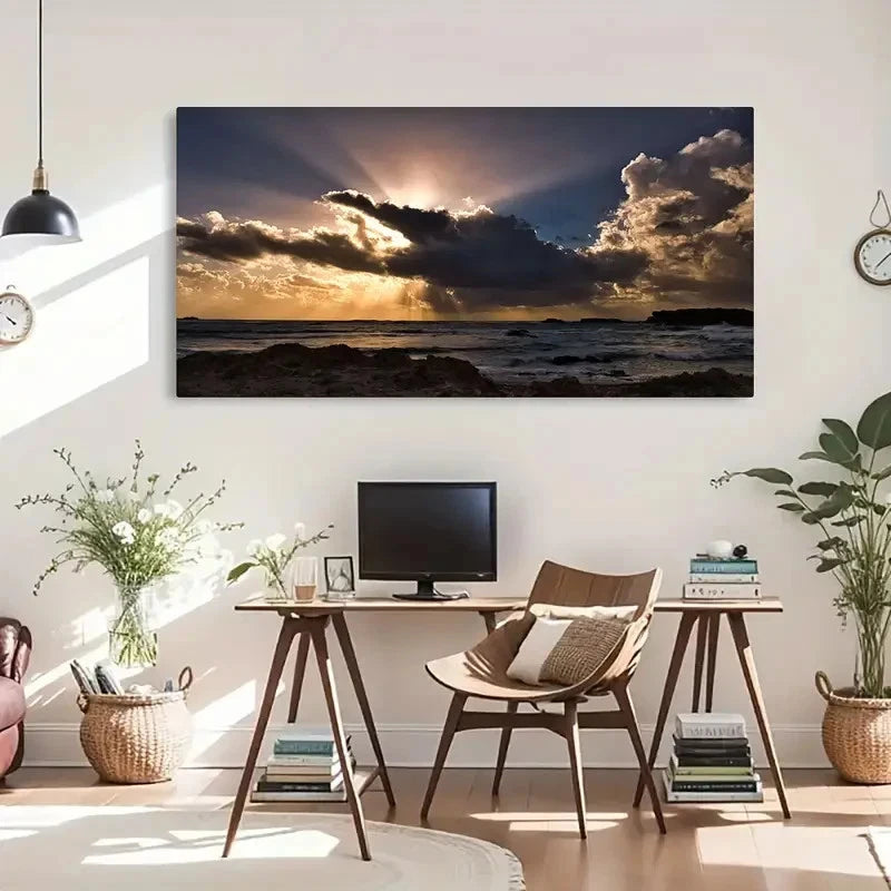 Vibrant Clouds & Sun Rays Wall Art Canvas Office Home Room Framed 120x60cm - Bella Home Decor