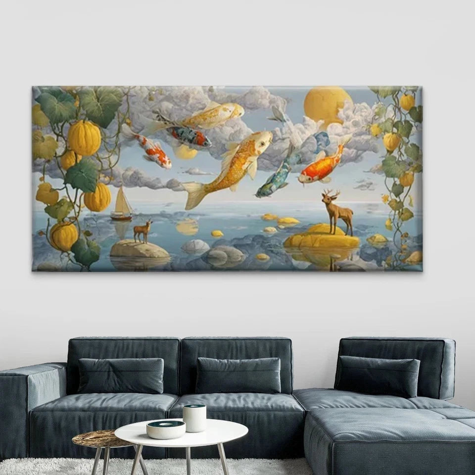 Golden Fish, Pumpkins & Deer Wall Art Canvas Office Home Room Framed 120x60cm