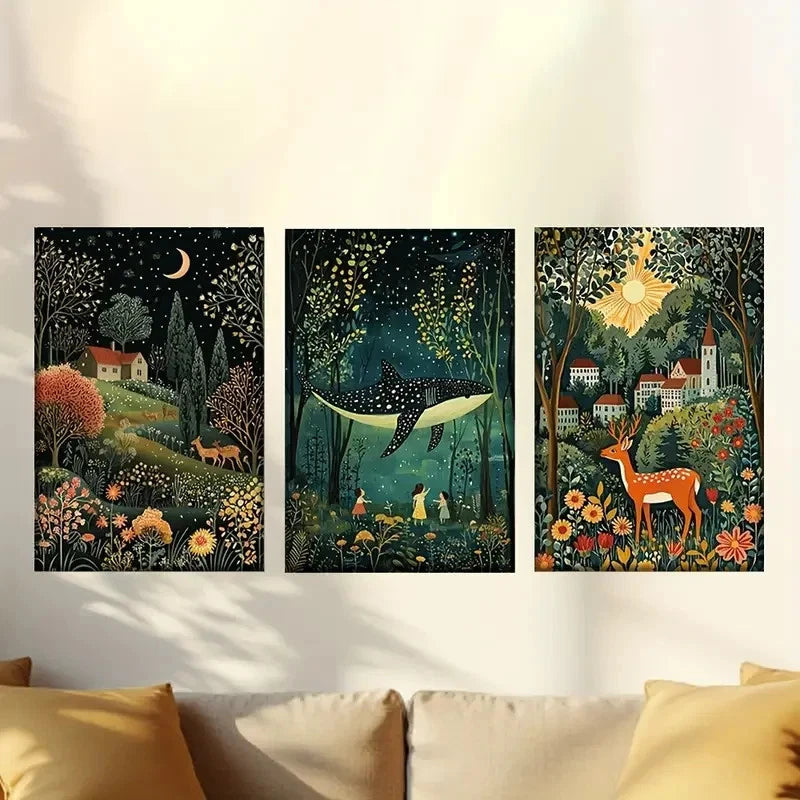 3pcs Tropical jungle Moon Sun and whale deer Wall Art Set Canvas Framed 40x60cm - High Quality Print 100% Australian Made Wall Canvas Ready to Hang
