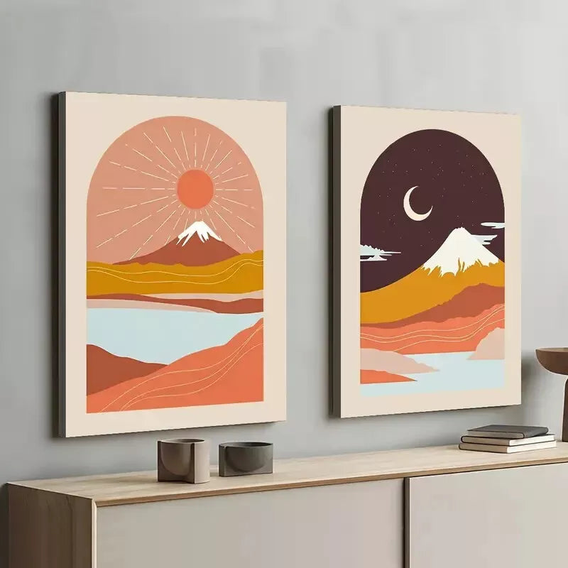2pcs Modern Abstract Landscape Sunrise and Night Sky Framed 50x75cm - High Quality Print 100% Australian Made Wall Canvas Ready to Hang - Bella Home Decor