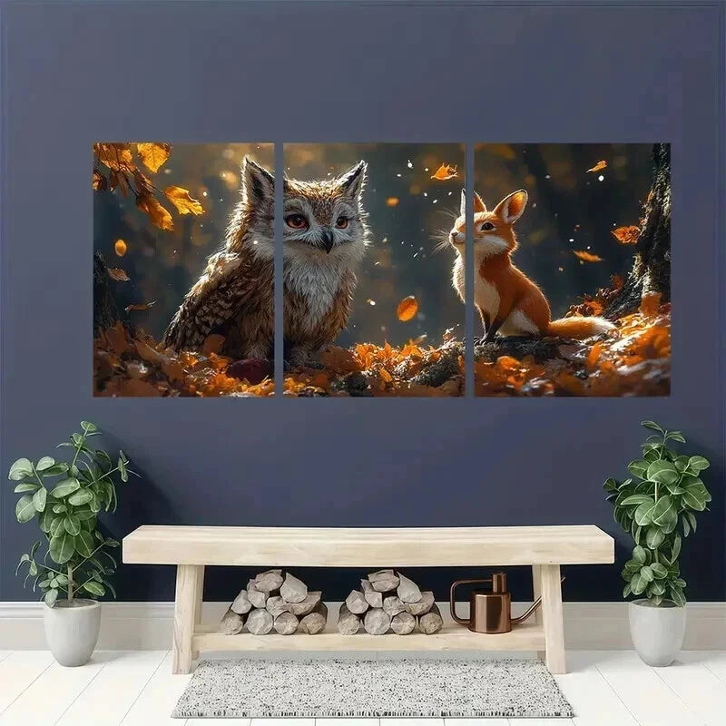 3pcs Rustic Owl & Rabbit in Autumn Scene Wall Art Set Canvas Framed 50x70cm - High Quality Print 100% Australian Made Wall Canvas Ready to Hang