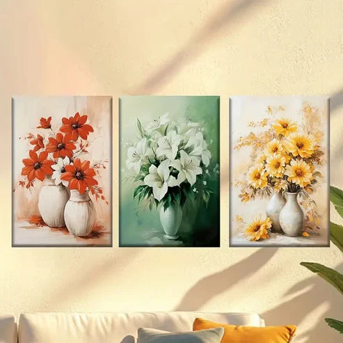 3pcs Red, Green and Yellow Flowers Vase Wall Art Canvas Unframed - High Quality Print 100% Australian Made Wall Canvas