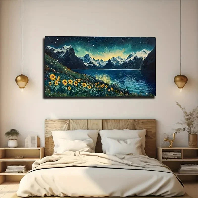 Moonlit Lake With Sunflowers Wall Art Canvas Office Home Room Framed 120x60cm