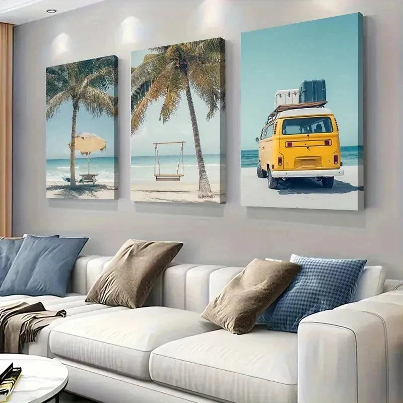 3pcs Tropical Palm Tree Ocean Wall Art Set Canvas Framed 50x70cm - High Quality Print 100% Australian Made Wall Canvas Ready to Hang