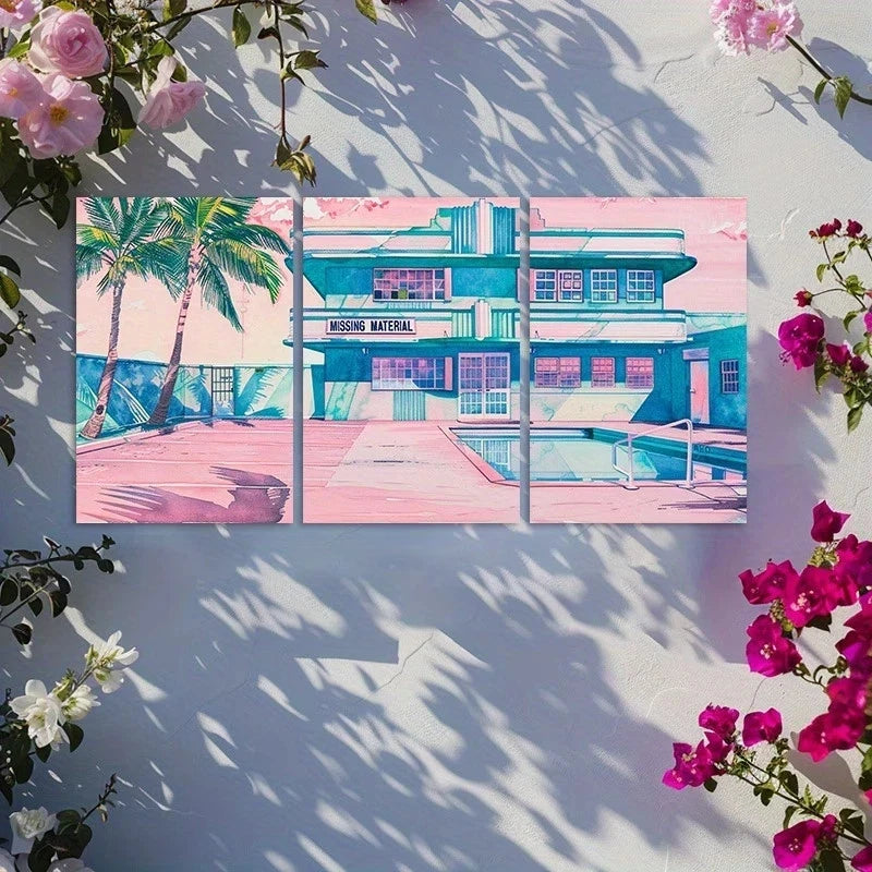 3pcs Vibrant Art Deco Motel & Poolside Scene Metal Print Ready to Hang Art