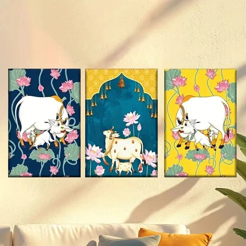 3pcs Vibrant Flower Garden with Cows Wall Art Set Canvas Framed 60x90cm - High Quality Print 100% Australian Made Wall Canvas Ready to Hang - Bella Home Decor