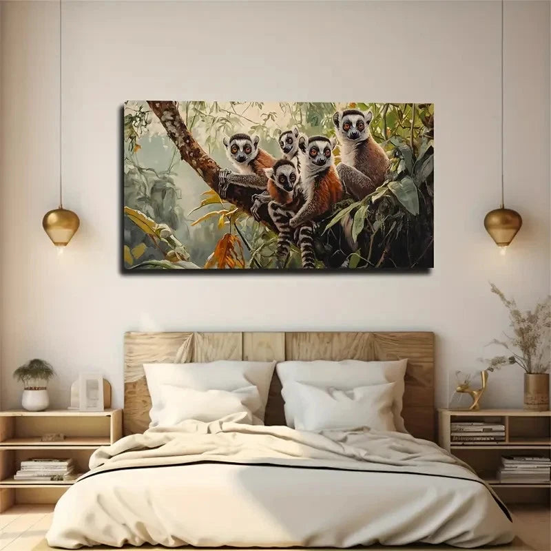 Playful Lemurs In Jungle Décor Wall Artc Canvas Office Home Room Framed 120x60cm