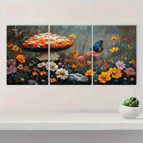 3pcs Mushroom Painting Butterfly EW Wall Art Canvas Unframed - High Quality Print 100% Australian Made Wall Canvas - Bella Home Decor