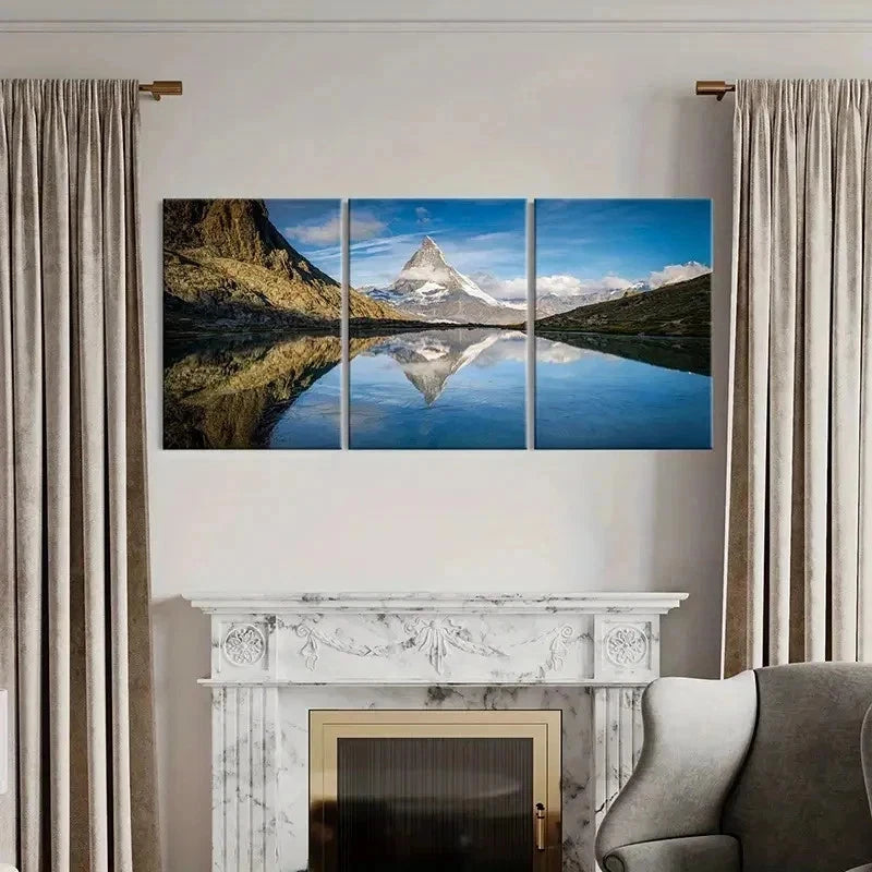 3pcs Lake Snowy Mountains Modern Landscape Wall Art Set Canvas Framed 60x90cm - High Quality Print 100% Australian Made Wall Canvas Ready to Hang